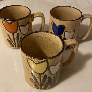 Set of 3 Vintage 1970s Japanese Pottery Mugs with Tulip Design